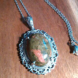 Unakite Platinum Bond Pendant Stainless Steel Necklace
